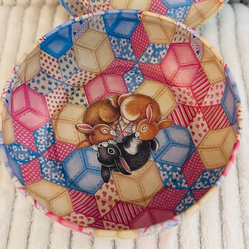 Vintage Decorative Tin with Quilted print and  Bunny Rabbits